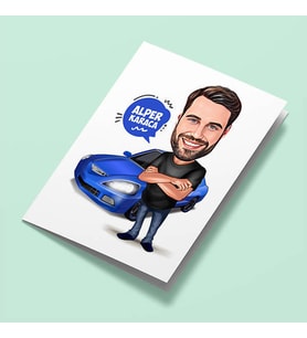 Kişiye Özel Mavi Spor Arabalı Erkek Karikatürlü Tebrik Kartı