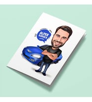Kişiye Özel Mavi Spor Arabalı Erkek Karikatürlü Tebrik Kartı