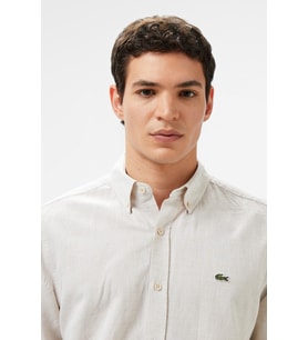 Lacoste Men's Regular Fit Button-Down Collar Linen Shirt Beige Erkek Düğmeli Yaka Keten Gömlek Bej