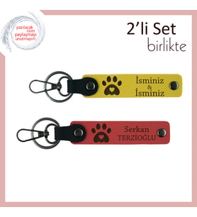 Kedi veya Köpek Adıyla Kişiselleştirilebilen Kalpli Pati Temalı Anahtarlık Takımı, Sarı-Nar Çiçeği