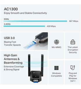 Archer T5U Plus AC1300 WiFi USB Adaptör, Dual Band 1300 Mbps (867 Mbps 5GHz + 400 Mbps 2.4GHz), USB 3.0, Çift Yüksek Kazançlı Anten, WPA3, Windows Uyumlu Kablosuz Adaptör