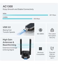 Archer T5U Plus AC1300 WiFi USB Adaptör, Dual Band 1300 Mbps (867 Mbps 5GHz + 400 Mbps 2.4GHz), USB 3.0, Çift Yüksek Kazançlı Anten, WPA3, Windows Uyumlu Kablosuz Adaptör