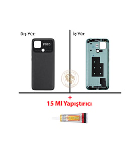 Yapıştırıcı Poco C40 Siyah Yapıştırıcı Arka Pil Kapağı Batarya Kapağı + Yapıştırıcı ve Vida Seti