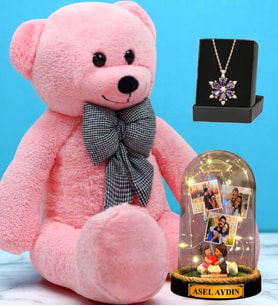 Büyük Boy Pembe Peluş Ayıcık, Kişiye Özel Fanus ve Gerçek Ametist Taşlı Lotus Kolye - Premium Set (Model 10)