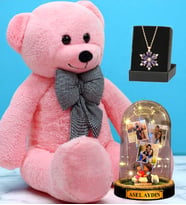 Büyük Boy Pembe Peluş Ayıcık, Kişiye Özel Fanus ve Gerçek Ametist Taşlı Lotus Kolye - Premium Set (Model 10)