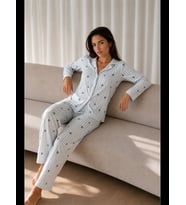 Night Mavi Kadın Desenli Basic Kış Pijama Takımı