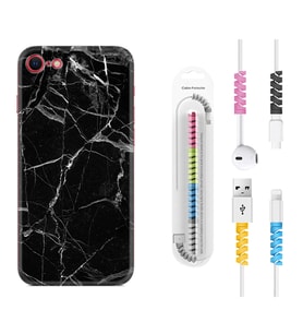 Apple iPhone 5 6 7 8 Plus Se XR Kılıf Kablo Koruma Spiral Silikon Fragile Black Mermer 1378
