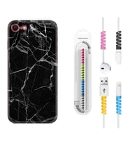 Apple iPhone 5 6 7 8 Plus Se XR Kılıf Kablo Koruma Spiral Silikon Fragile Black Mermer 1378