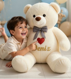 Kişiye Özel İsimli 90 cm Peluş Ayı  Kuzene Kız Erkek Çocuğa Doğum Günü & Özel Gün Hediyesi Sevgiliye Hediye (Beyaz)