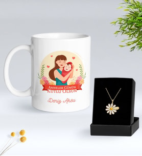 BK Gift Kişiye Özel Anneler Günü Tasarımlı Beyaz Kupa ve Papatya Kolye Hediye Seti - 2, Anneler Günü Hediyeleri, Anneye Hediye