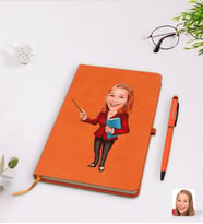 BK Gift Kişiye Özel Kadın Öğretmen Karikatürlü Turuncu Termo Deri Defter Kalem Seti Model 3