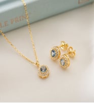 925 Ayar Gümüş Mart Ayı Doğum Taşı ( Aquamarine  ) Kolye - Küpe Seti