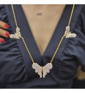 3 lü Kelebek Gold Kaplama 925 Ayar Gümüş Kolye (Karışık)