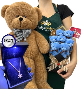 Fotoğraflı VIP Set - 925 Ayar Işıklı Kutuda Gümüş Kolye & Kahve Ayıcık & 7'li Ayıcık Buket (Model 1)