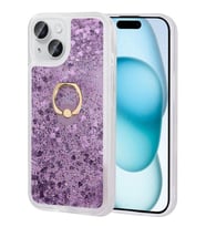 iPhone 15 Plus Kılıf Sıvılı Simli Pullu Yüzüklü Standlı Lüx Silikon (Mor)