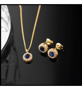 925 Ayar Gümüş Eylül Ayı Doğum Taşı ( Sapphire ) Kolye - Küpe Seti