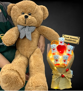 Size Özel Led Işıklı İsimli Ayıcık Buketi ve Büyük Boy 80cm Kahve Peluş Ayıcık (Model 1)