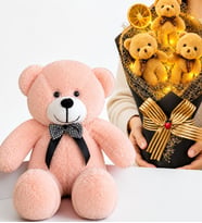 Kahve LED Işıklı Peluş Ayıcık Buketi ve 50 cm Pembe Peluş Ayıcık Hediye Seti