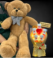 Size Özel Led Işıklı İsimli Ayıcık Buketi ve Büyük Boy 80cm Kahve Peluş Ayıcık (Model 1)