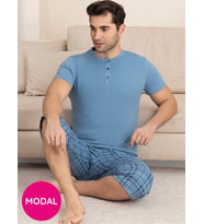 Erkek Bisiklet Yaka 3 Düğmeli Ekose Desen Modal Kısa Kol Cepli Kapri Pijama Takımı (Mavi)