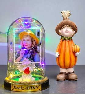 Kişiye Özel Fotoğraflı Yazılı Renkli Led Işıklı Fanus ve Bal Kabağı Biblosu (Model 4)