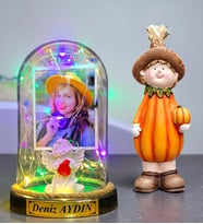 Kişiye Özel Fotoğraflı Yazılı Renkli Led Işıklı Fanus ve Bal Kabağı Biblosu (Model 4)