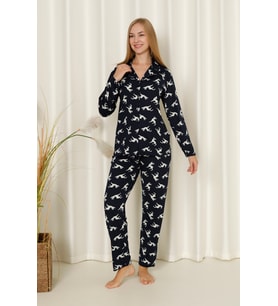 Mirano 9510 Milan Yumuşak Kumaş Boydan Düğmeli Geyikli Uzun Kollu Kadın Pijama Takımı (Lacivert)