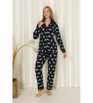 Mirano 9510 Milan Yumuşak Kumaş Boydan Düğmeli Geyikli Uzun Kollu Kadın Pijama Takımı (Lacivert)