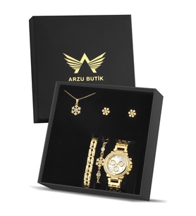 ARZU BUTİK kadın kol saati saat bileklik kolye küpe hediye seti (Gold)