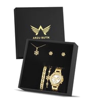 ARZU BUTİK kadın kol saati saat bileklik kolye küpe hediye seti (Gold)