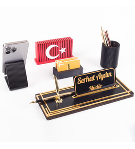 Vera Türk Bayraklı Gold Ahşap Masa İsimliği Seti Çizgi Desen Hediye Ofis Dekoratif Masaüstü İsimlik (Siyah)