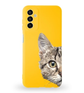 Samsung Galaxy A04s Uyumlu Lansman Kılıf Catface Tasarımlı İçi Kadife Kapak-Sarı (Şeffaf)