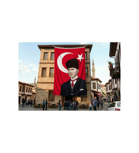 Ay Yıldız Kalpaklı Atatürk Portresi Poster Bayrak Premium Raşel Kumaş ATA43