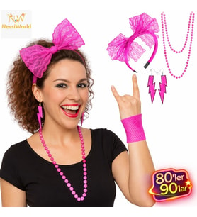 80’ler 90’lar Neon Pembe Parti Seti – Kolye Küpe Taç