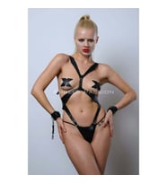 Kelepçeli Full Body Harness Set, Deri Fantezi İç Giyim, Bayan İç Giyim (Siyah)