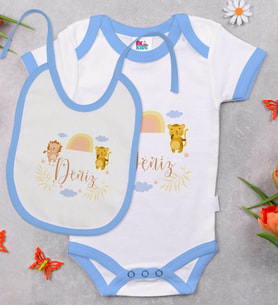 BK Kids Kişiye Özel İsimli Mavi Bebek Body Zıbın ve Mama Önlüğü Hediye Seti-28