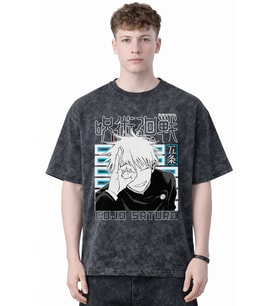 Tasarım Satoru Gojo Jujutsu Kaisen Anime Baskılı Unisex Oversize Eskitme Yıkamalı Tişört