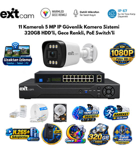 ExitCam 11 Kameralı 5MP IP PoE Güvenlik Kamera Seti – 320GB HDD Takılı, Gece Renkli, 200 Metre Kablolu