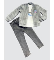 4-5-6 Yaş Kot Pantolonlu Pilot Mont Uzun Kollu Penye Sweat 3lü Erkek Çocuk Takımı (Gri)