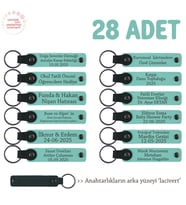 Arkadaş Grubuna Ortak Hediye 28'li Set, Kişiselleştirilebilir Yazılı Deri Anahtarlık, Turkuaz & Laci