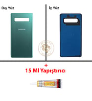 Samsung Galaxy S10 Plus Yeşil Renk Arka Kapak + B7000 Yapıştırıcı Arka Cam Batarya Kapağı Pil Kapağı Lazer Kesim Back Cover Galaxy S10 Plus Uyumlu