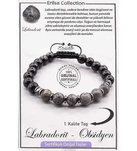 Sertifikalı AAA+ Kalite Gerçek Obsidyen  - Labradorit Taşı Bileklik (Gri)