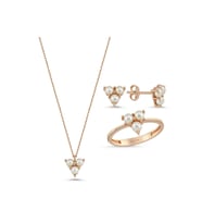 Tria Doğal İnci Küpe Kolye Yüzük Üçlü Set (Rose)