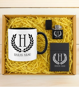BK Gift Kişiye Özel İsimli Siyah Kupa & Sigara Kutusu & Çakmak Hediye Seti-1  Babalar Günü Hediyesi, Erkeklere Özel Hediye