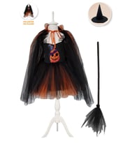 Kuyruklu Bal Kabağı Tül Kollu Cadı Kostümü + Cadı Şapka + Süpürge, Cadılar Bayramı Kostümü Halloween (Karışık)