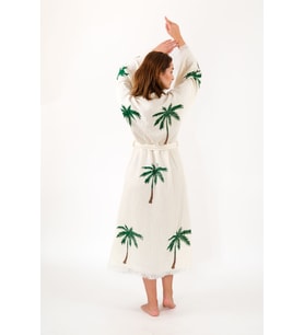 Müslin Kimono %100 Pamuklu Palmiye Baskılı Desenli Bornoz Kaftan Sabahlık (Ekru)