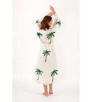 Müslin Kimono %100 Pamuklu Palmiye Baskılı Desenli Bornoz Kaftan Sabahlık (Ekru)