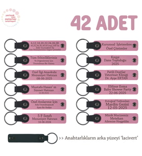 Pembe & Lacivert, Öğrencilere Okul Hatırası 42'li Set, İsim Yazılabilir Deri Hediyelik Anahtarlık