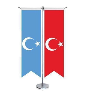 Doğu Türkistan Bayrağı ve Türkiye -Saten T direk 2li Masa Bayrağı