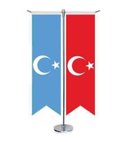 Doğu Türkistan Bayrağı ve Türkiye -Saten T direk 2li Masa Bayrağı